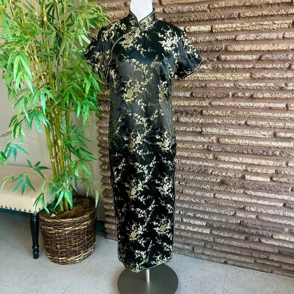 Stephen's Collection Black Gold Cherry Blossom Cheongsam Maxi Dress Size 4 - Picture 7 of 7